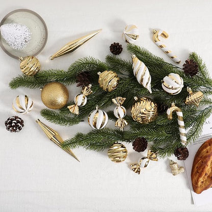 Christmas Ball Ornaments Set Shatterproof Christmas Tree Ornaments 24 PCS Painted Shaped Styles Xmas Tree for Holiday Decor,Gold