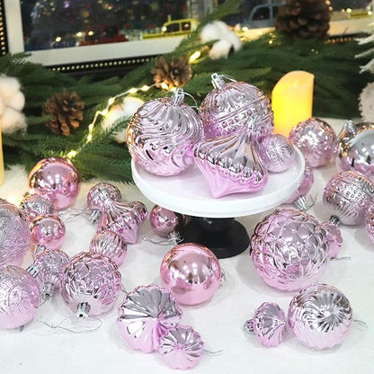 Christmas Ornaments Set with 36pcs Shatterproof Christmas Tree Decorations Multi-Size Christmas Ball Ornaments with 7 Styles Pink