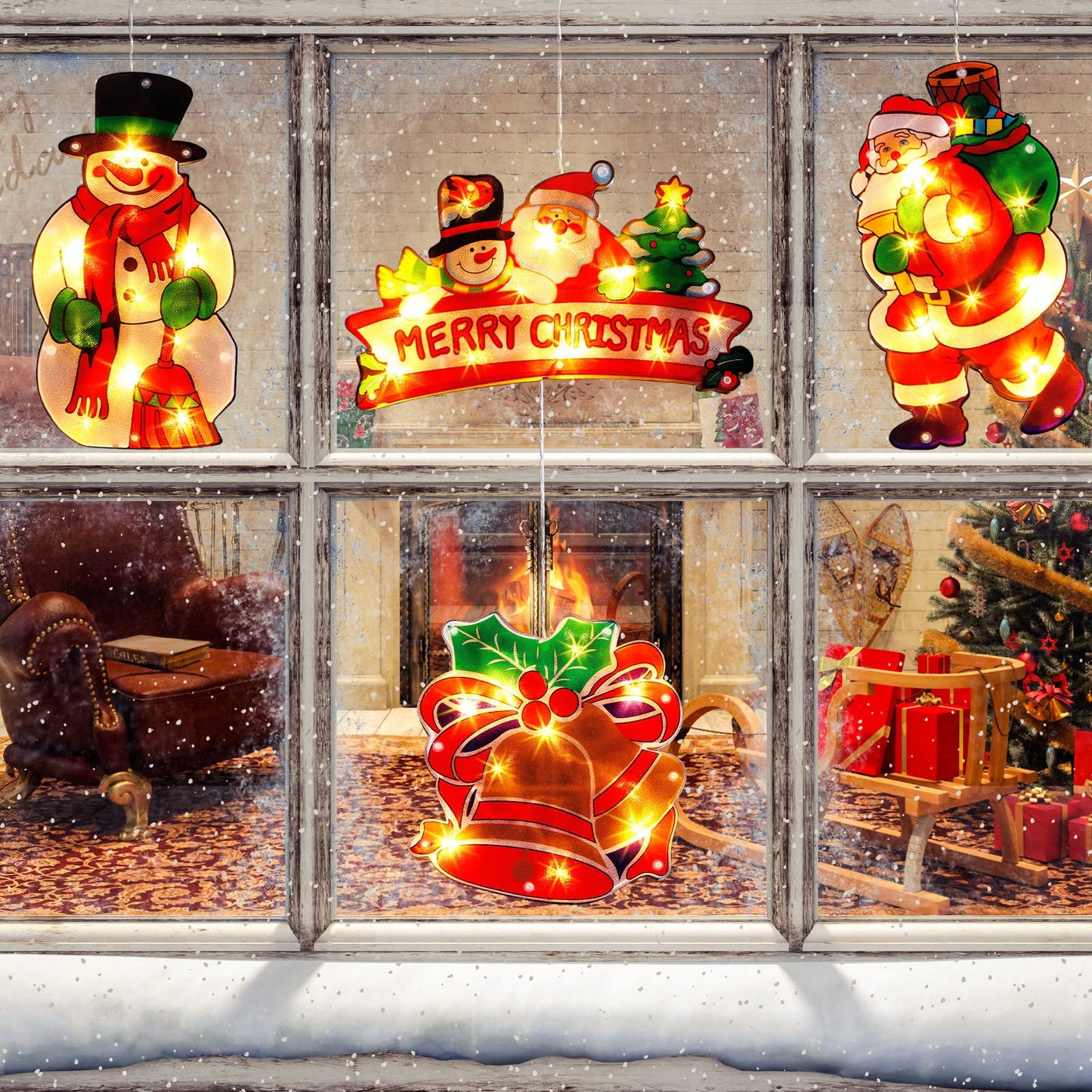 4 Pieces Christmas Window Decorations - Light up Christmas Decorations with Suction Cup for Holiday Outdoor Indoor Decor