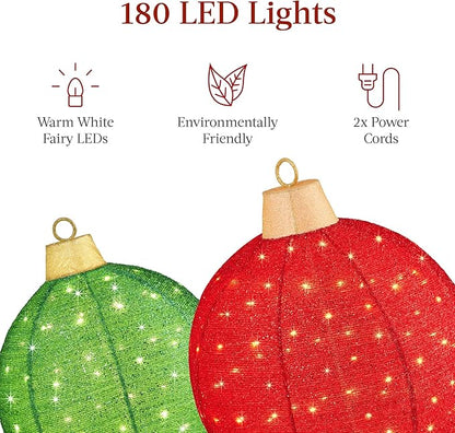 Best Choice Products 2pc Lighted Pop-Up Outdoor Christmas Ornament Set, Holiday Ball Decoration w/ 180 LED Lights, 8 Light Functions - Red/Green