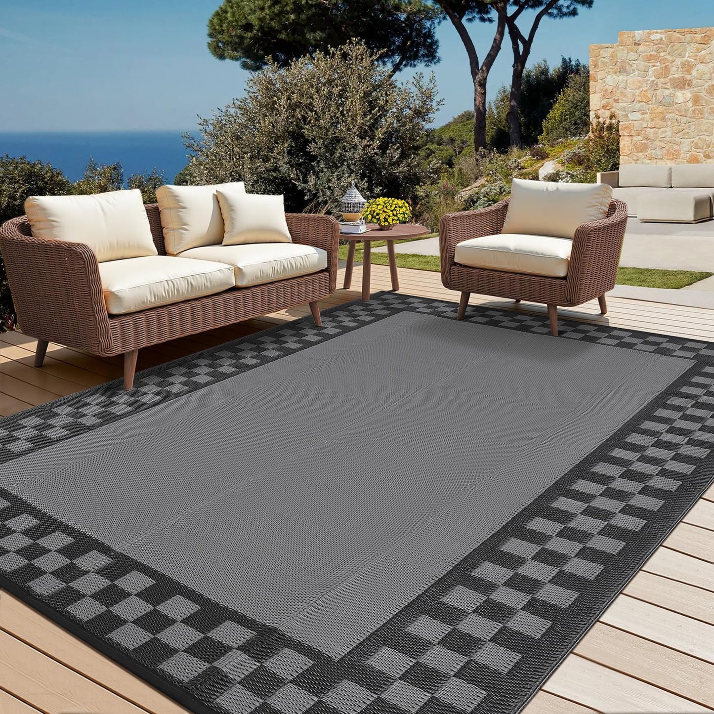 Garvee Outdoor Waterproof Rug 9x18 Large Modern Neutral Outdoor Patio Rugs, Reversible Fade-Proof & Weather Resistant Large Area Rug Mats for Rv Deck Porch Picnic Beach Balcony,Gray & Black
