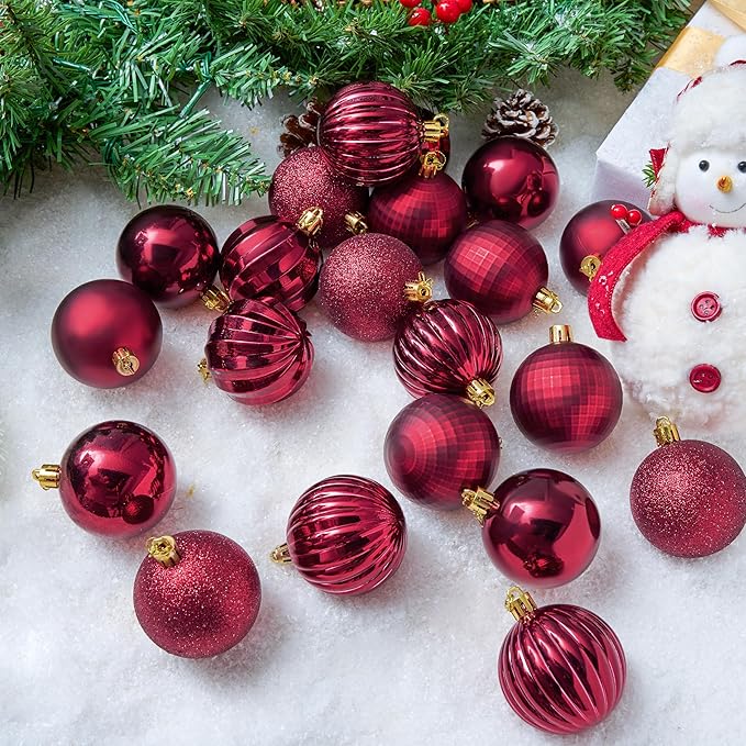 JOIEDOMI 24 Pcs Burgundy Red Christmas Balls Ornaments Set, 2.36" Christmas Tree Ornaments Shatterproof, Xmas Balls Hanging Decorations for Tree Wreath Garland Holiday Wedding Indoor Party Decor