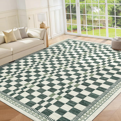 GarveeHome 5x7 Washable Rug for Living Room Contemporary Sage Green Geometric Floor Carpets Low Pile Non-Slip Nursery Room Carpet High Traffic Modern Abstract Checkered Area Rug for Bedroom