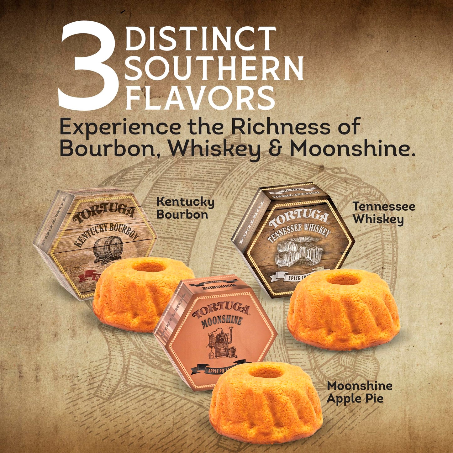 TORTUGA Southern Trio Gift Pack - Tennessee Whiskey, Kentucky Bourbon, & Moonshine Apple Pie - 3-4 oz Mini Cakes - The Perfect Premium Gourmet Gift for Gift Baskets, and Birthday Cakes for Delivery