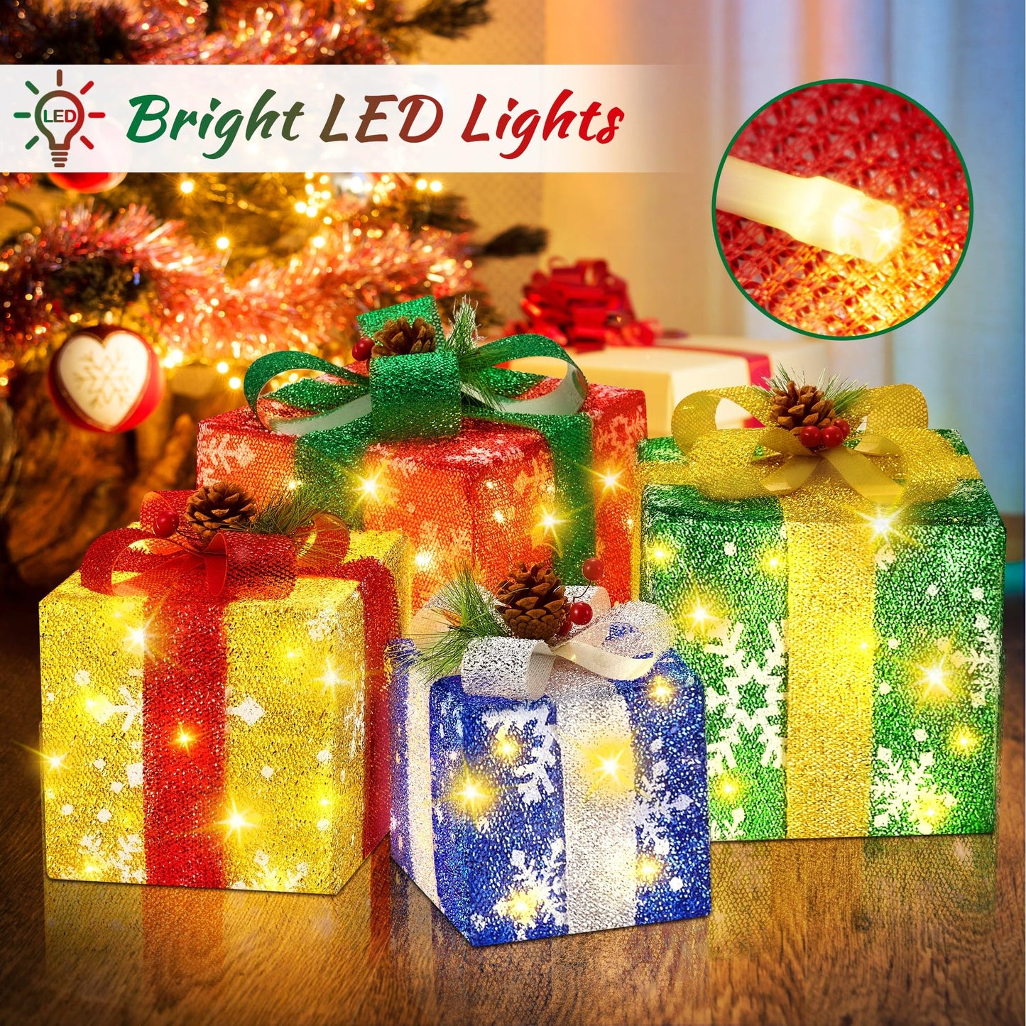 Set of 4 Christmas Lighted Gift Boxes with Plug, Pre-lit LED Light Up Present Boxes for Xmas Tree Porch Decor, Christmas Decorations Indoor Outdoor