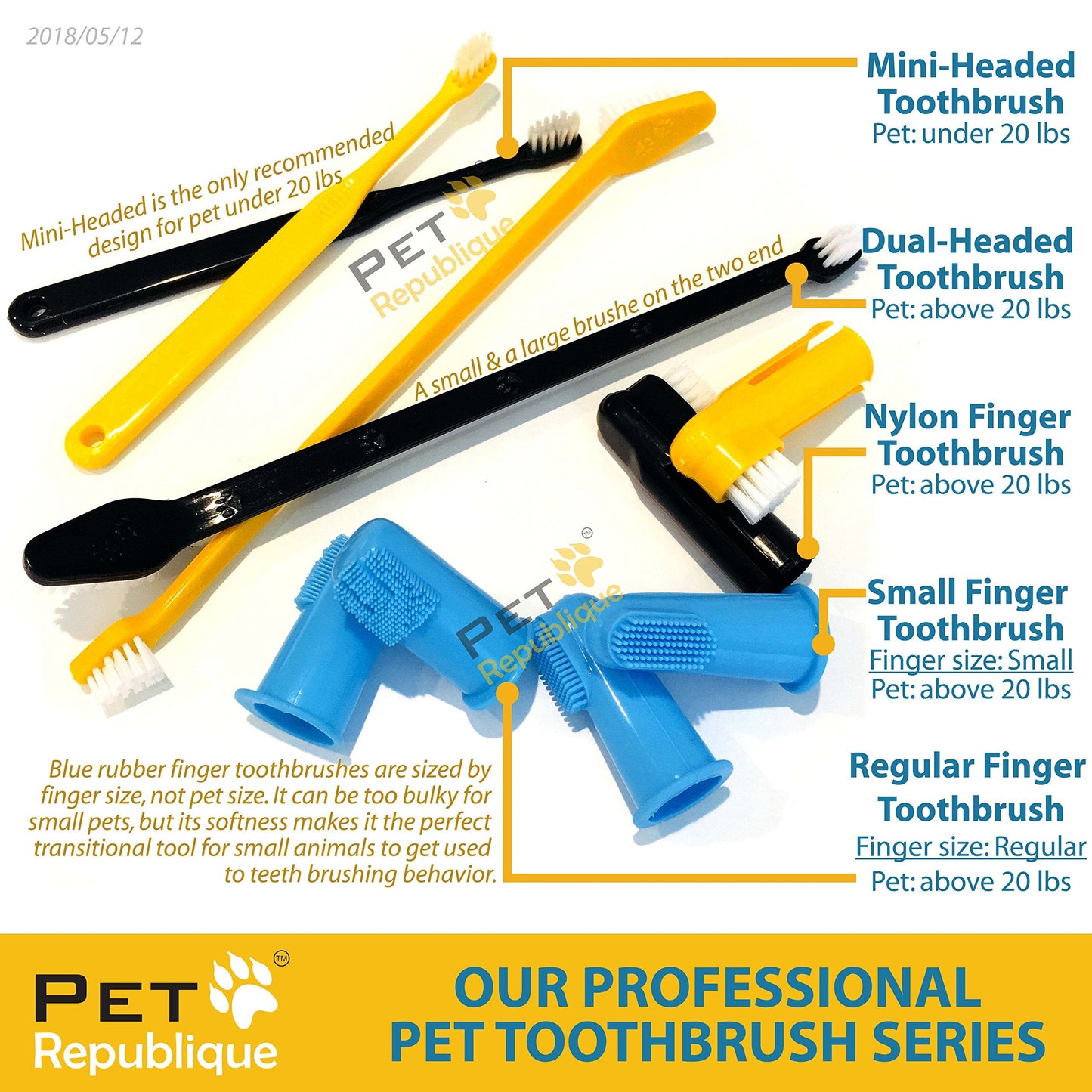 Pet Republique Dog Toothbrush Set of 6 – Dual Headed Dental Hygiene Brushes for Small to Large Dogs, Cats, and Most Pets