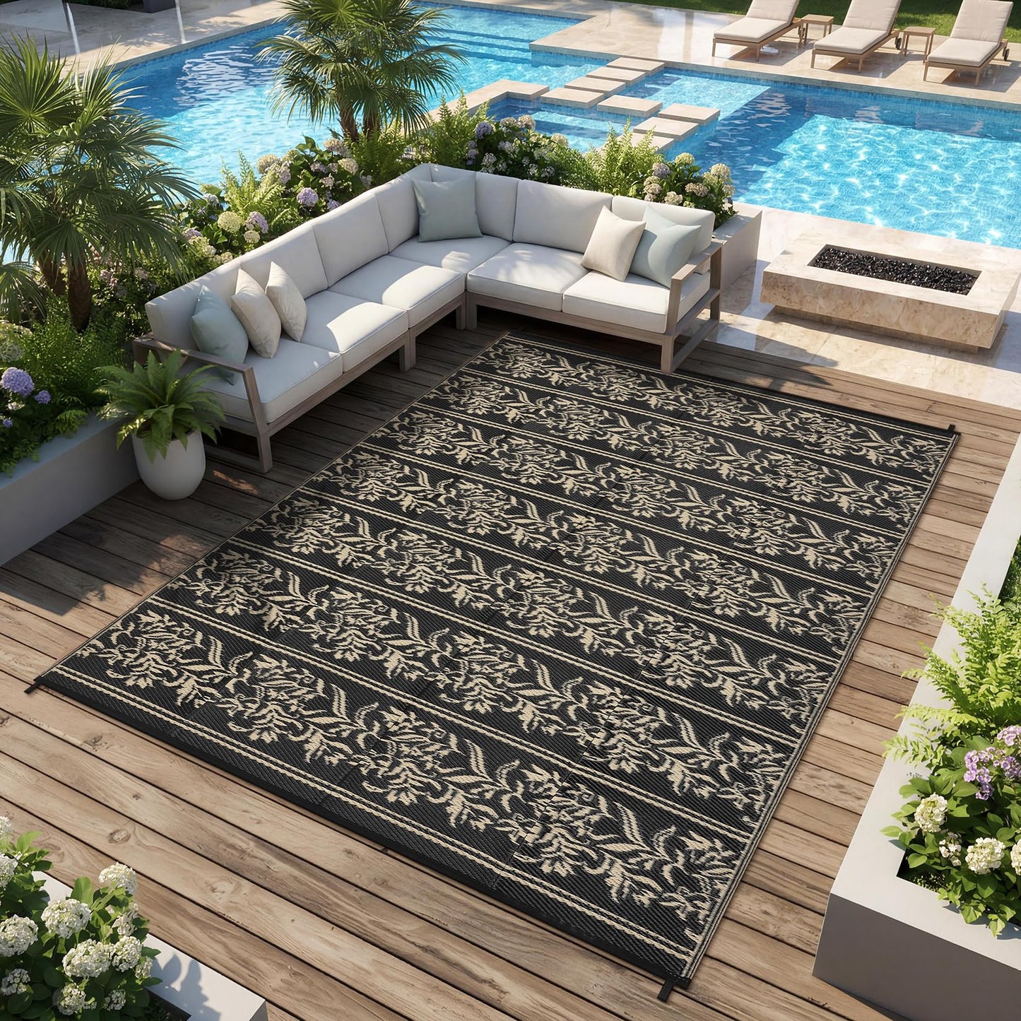 GarveeHome Outdoor Rug 9x12 Waterproof for Patio, Reversible Outdoor Plastic Straw Rug, Wallpaper Flower Indoor Outdoor Mat Carpet for RV, Camping, Deck, Backyard, Picnic, BlackCoffe