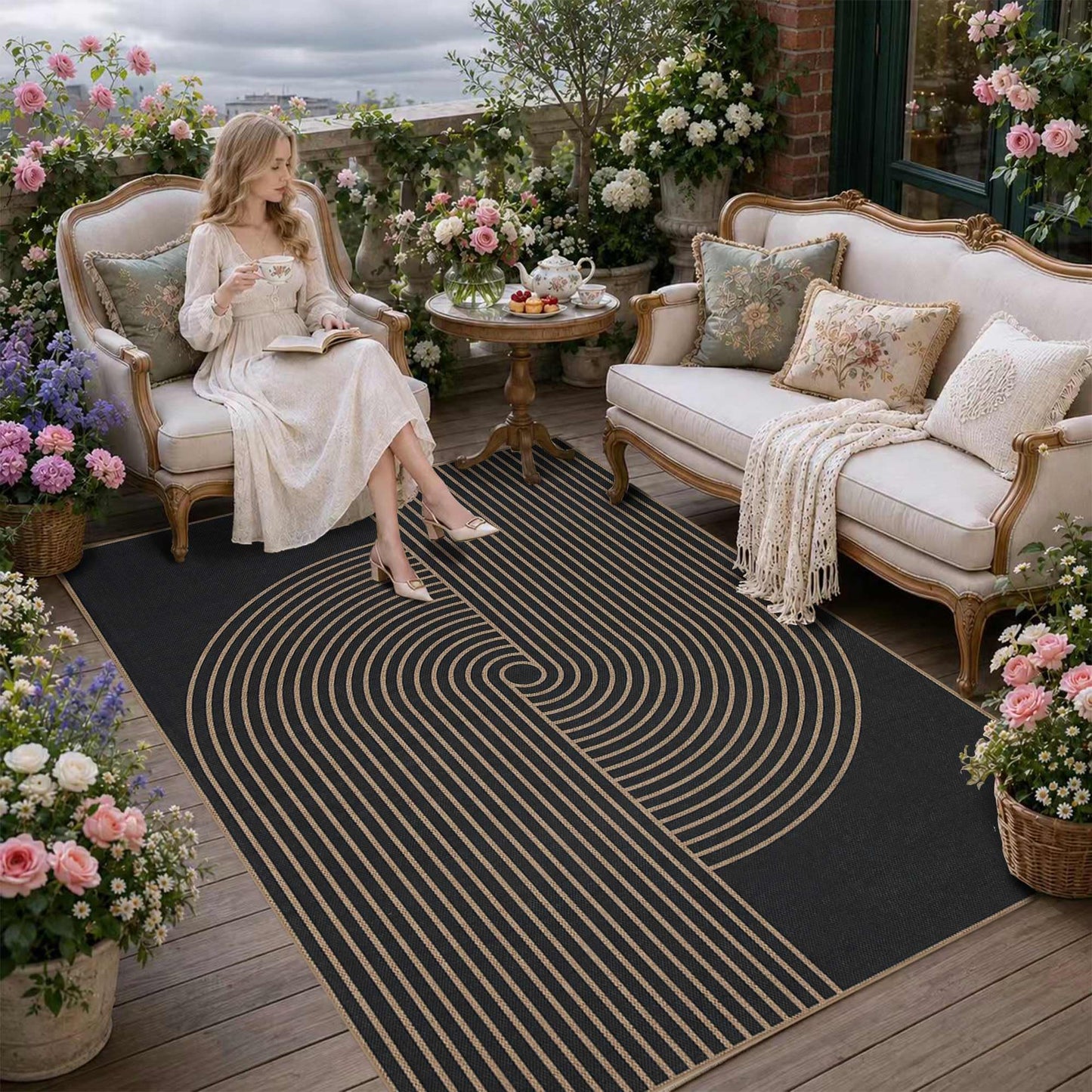 Latte&Fog Easy Jute 4x6 Outdoor Rug, Washable Linen Textured Durable Patio Rug, Non Slip Natural Indoor Carpet for Patio, Balcony, Porch, Courtyard, Deck, Bedroom, Backyard - Black/Brown 4'x6'