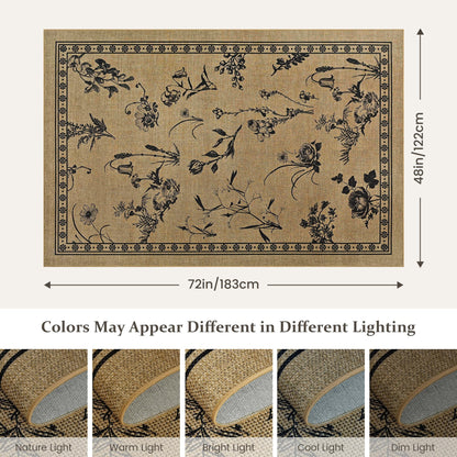 FALARK Easy Jute 4x6 Outdoor Patio Rug, Washable Rugs for Entryway Indoor Living Room Carpet, Farmhouse Neutral Non Slip Thin Beige Botanical Sketch Door Carpet for Backyard Bedroom Kitchen