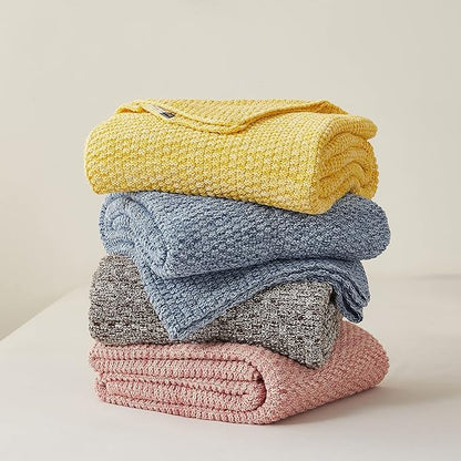 Longhui bedding Bright Yellow Knitted Throw Blanket for Couch, Soft, Cozy Machine Washable 100% Cotton Sofa Knit Blankets, Heavy 3.0lb Weight, 51 x 63 Inches, Yellow and White Color