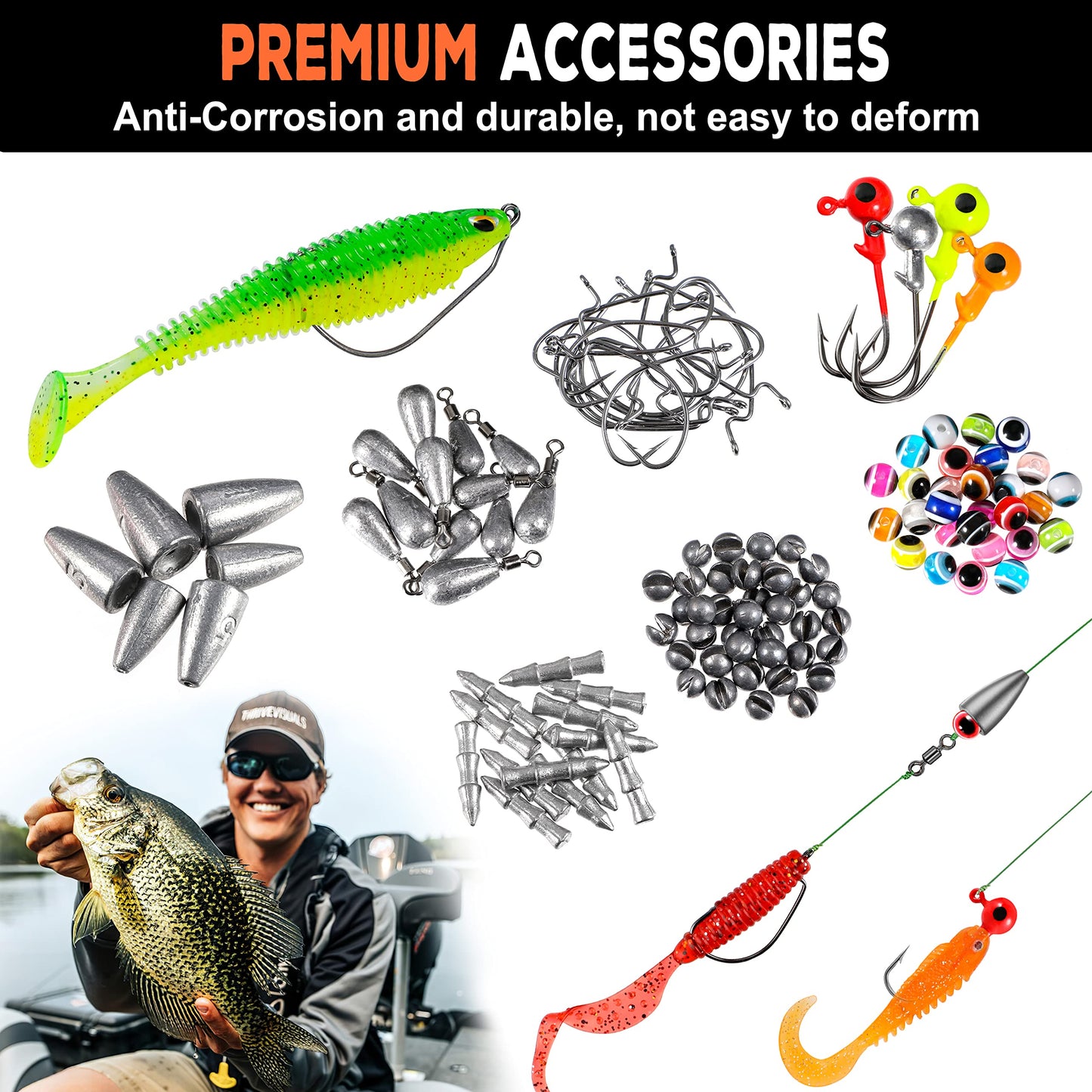 PLUSINNO 201pcs Fishing Accessories Kit,Tackle Box with Tackle Included, Fishing Hooks, Weights, Round Split Shot，Fishing Gear for Bass, Trout, Catfish
