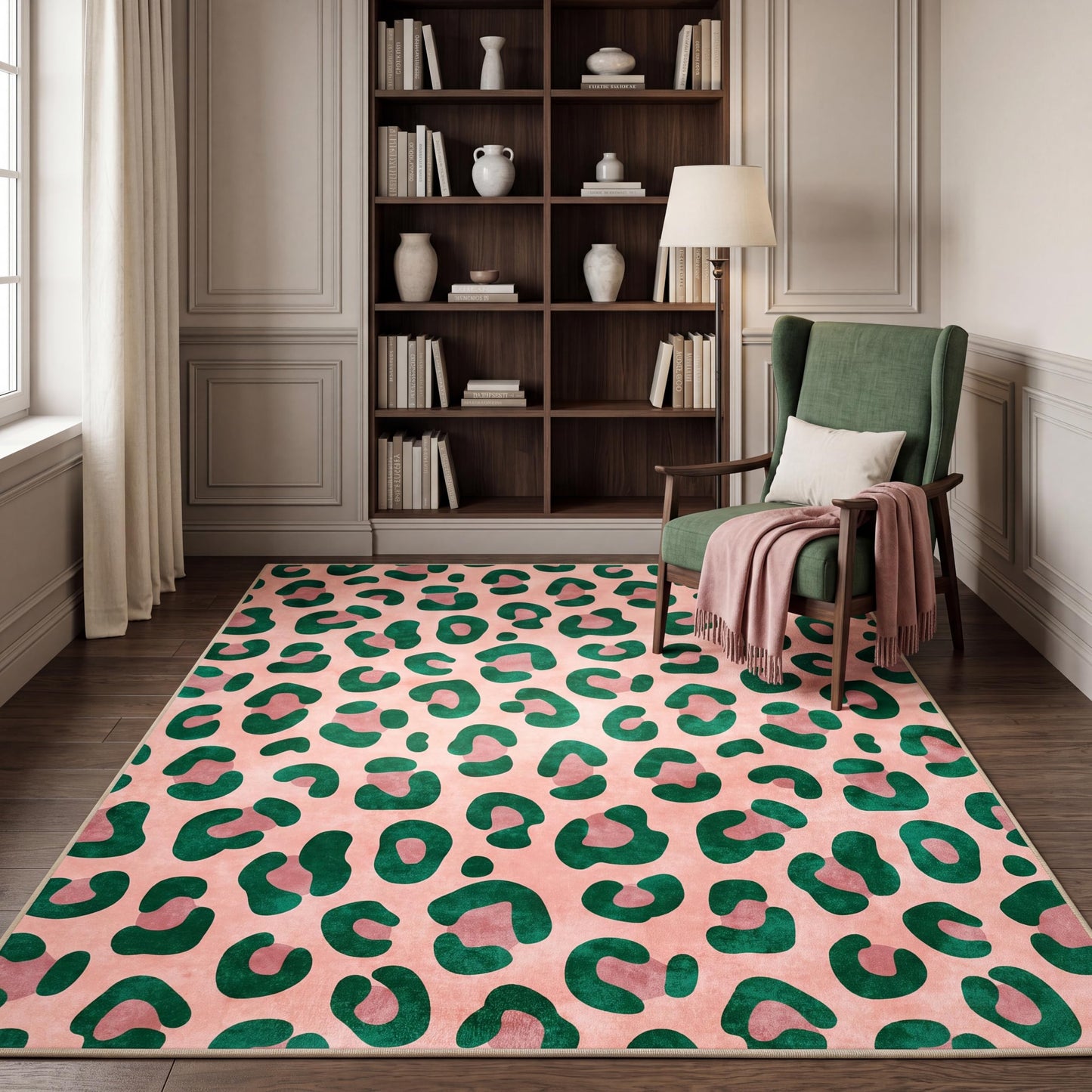 BreezeRise 5x7 Area Rug for Living Room，Modern Abstract Boho Pink and Green Leopard Print Non-Slip Washable Bedroom,Dining Room
