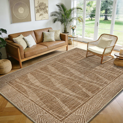 Jute Rug 5x7 Outdoor Patio Rug with Border, Washable Rugs for Living Room, Farmhouse Non Slip Area Rugs with Rubber Backing Indoor Outdoor, Non Shedding Carpet for Bedroom, Courtyard, Light Brown