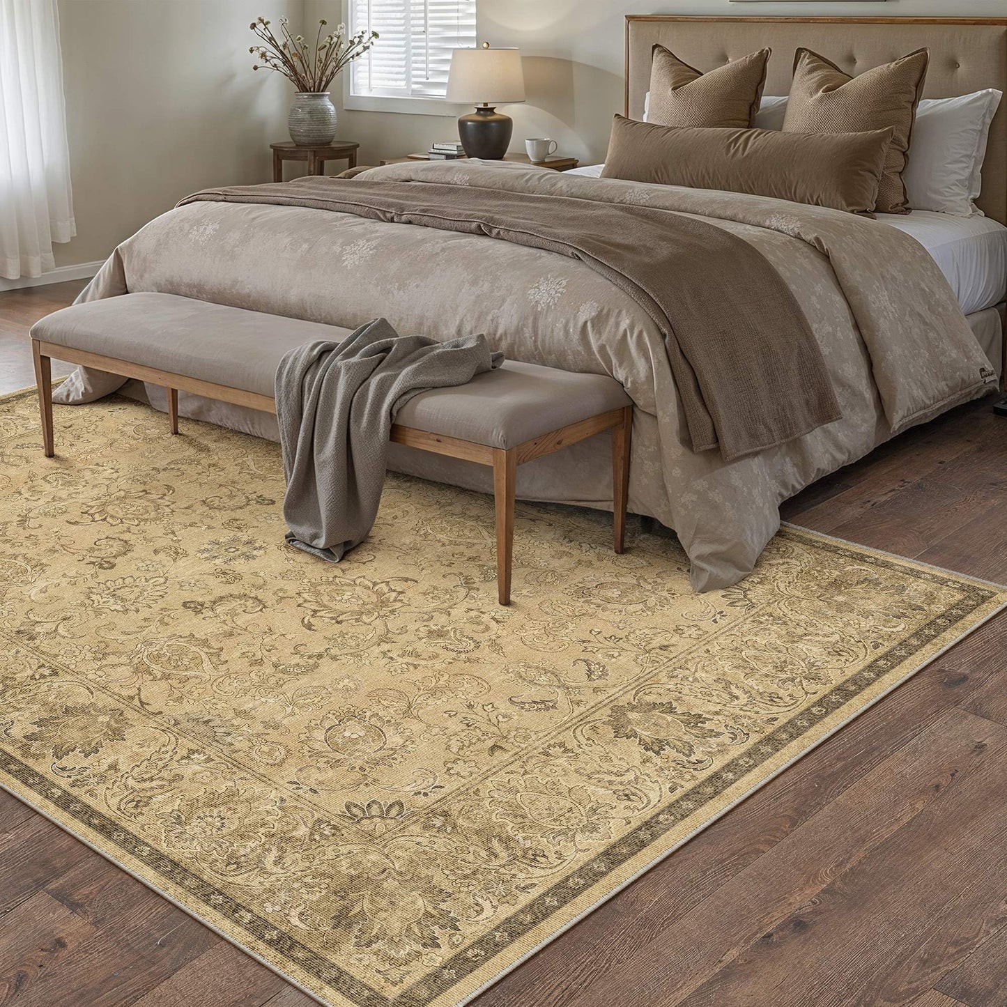 HUGEAR 3x5 Machine Washable Area Rugs Vintage Brown - Neutral Non Slip Stain Resistant Low Pile Aesthetic Throw Carpet Kids & Pet Friendly for Living Room Kitchen Dining Room Laundry