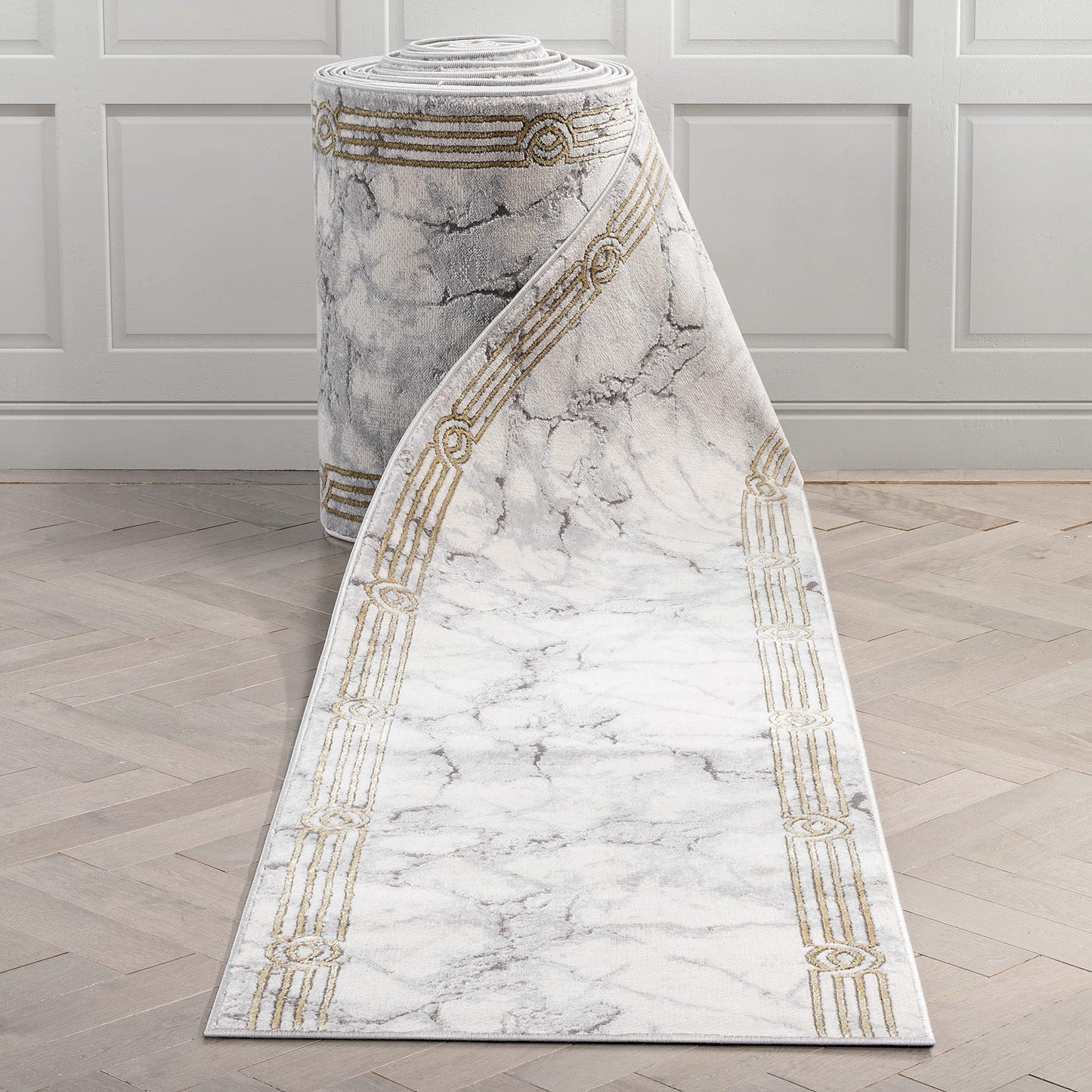 Well Woven Custom Size Hallway Stair Runner - Choose Your Length - Fairmont Collection Lezlee Ivory Gold Abstract Marble Border 26 Inches Wide x 10 Feet (26" x 10') Runner