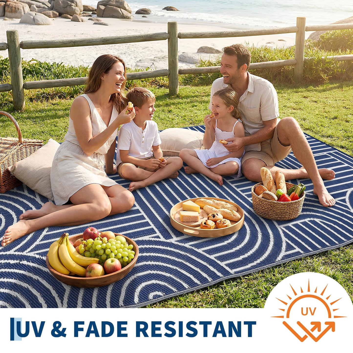 Garvee Reversible Rainbow Outdoor Rug 6x9, Waterproof Outdoor Plastic Straw Rug, RV Mat for Picnics, Patio, Camping, Balcony, Deck, Backyard, Porch, Blue