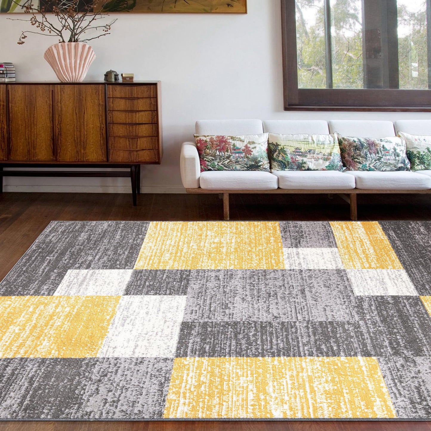Rugshop Oslo Modern Yellow Area Rug, Geometric Boxes Design, Carpet with Jute Backing for Living Room or Bedroom, 7'10" x 10'