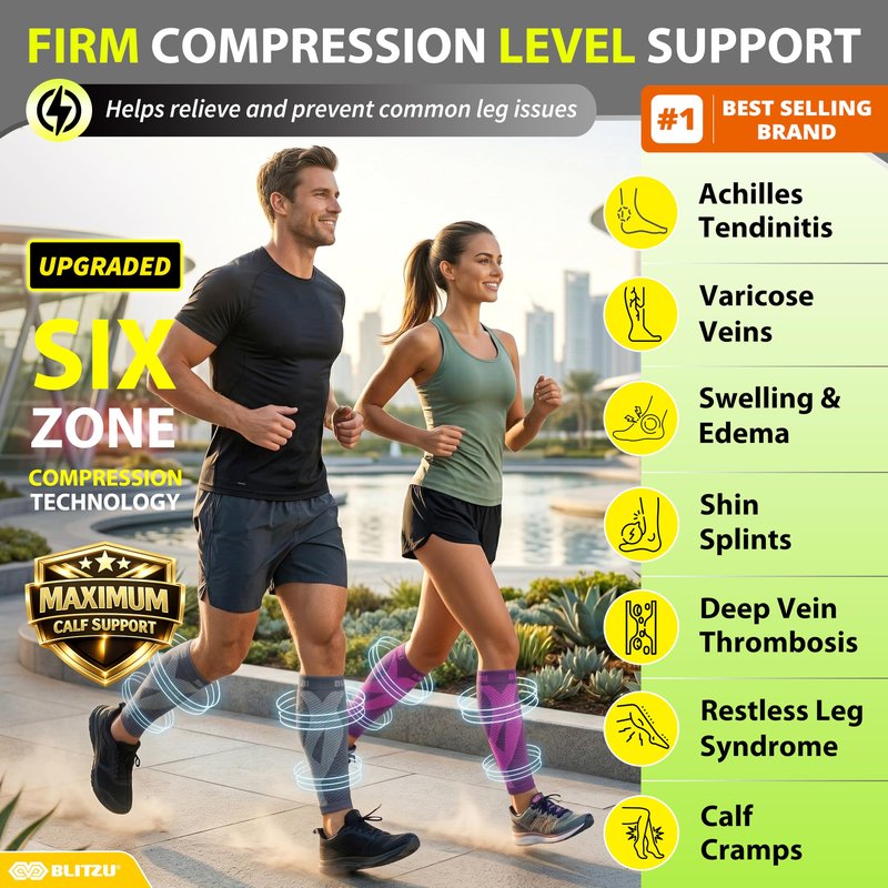 BLITZU Calf Compression Sleeves for Men and Women. Footless Compression Socks Support for Varicose Vein, Nursing, Running. Leg Sleeve Brace for Shin Splints, Pain Relief & Reduces Swelling Gray S-M