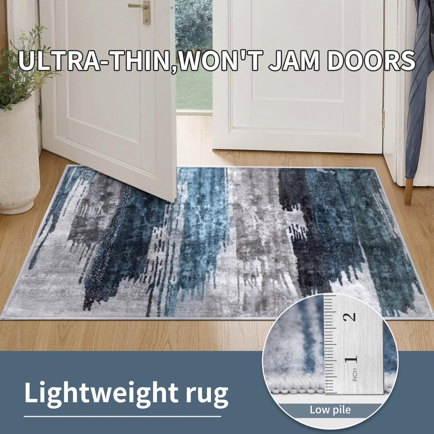 Ciicool Abstract Area Rug Indoor, 3x5 Washable Entryway Rug, Modern Soft Throw Rug with Non-Slip Backing Ideal for Bedroom Living Room Entrance Kitchen, Low-Pile Floor Carpet Doormat Blue Grey