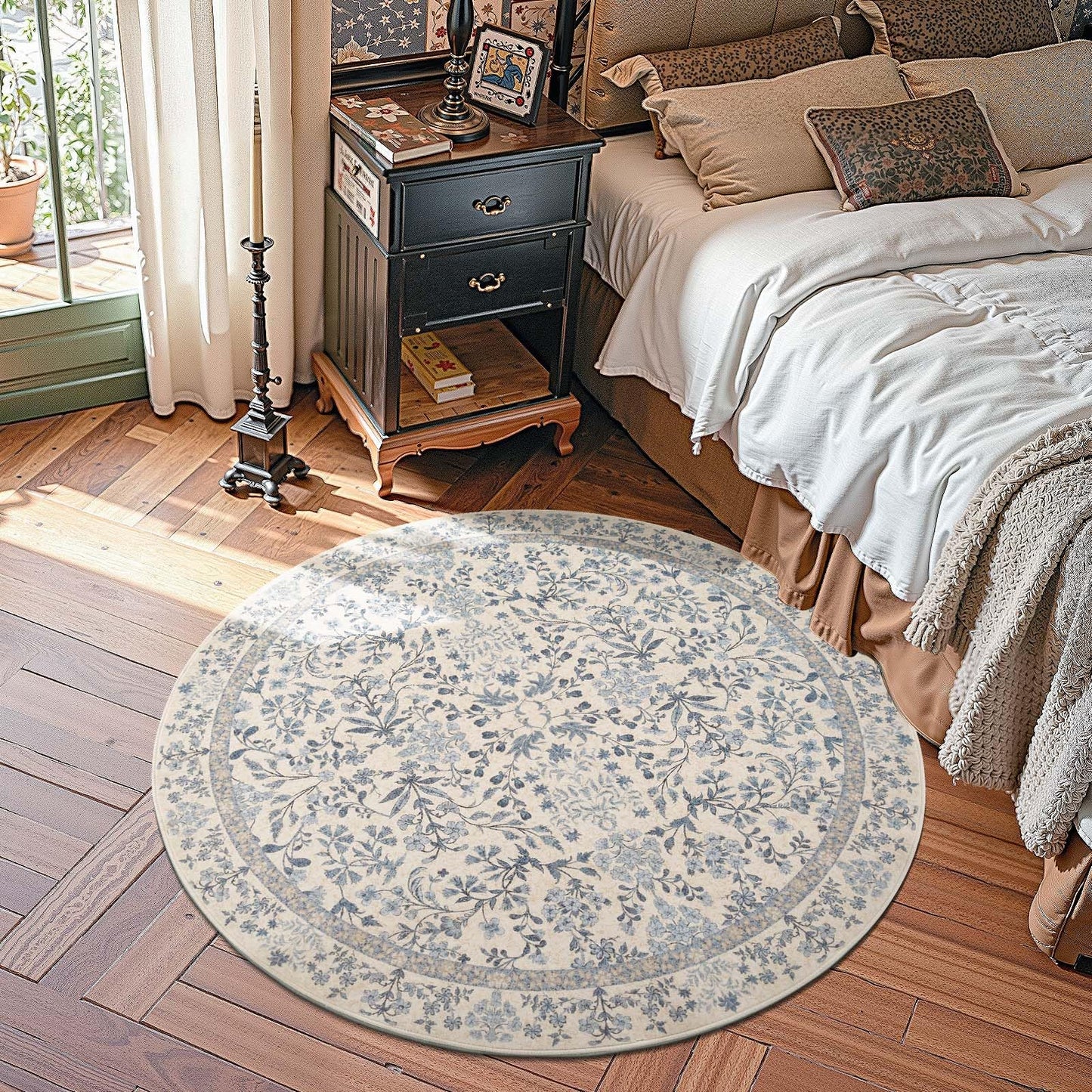 jinchan Zenith Round Rug 4ft Area Rug Soft 4'Round Floral Aesthetic Rug Non-Slip Low-Pile Machine Washable Carpet for Entryway Bedroom Kids Room Kitchen College Dorm Blue/Cream