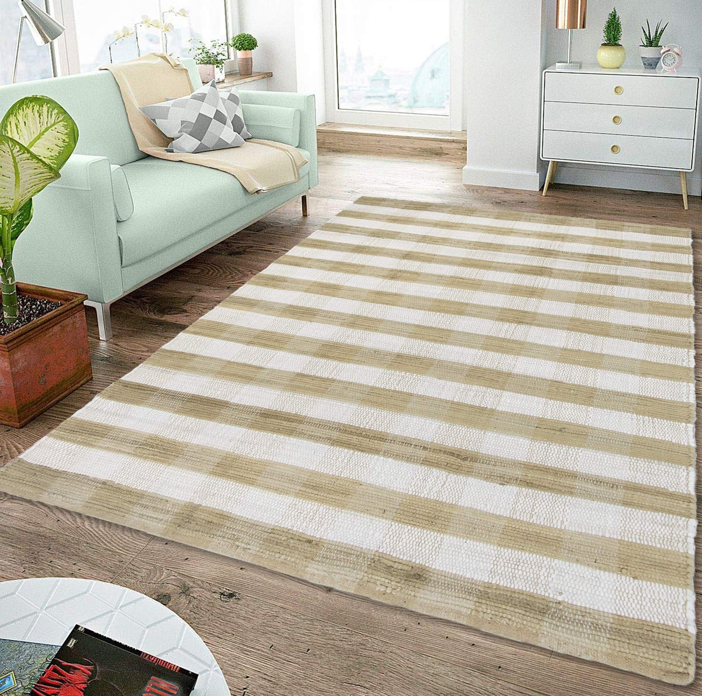 GLAMBURG Cotton Reversible Area Rug 3' x 5' Farmhouse Floor Mat, Handwoven Washable Carpet Checkered Plaid Rug for Front Porch Living Room Kitchen Bedroom - Beige Natural