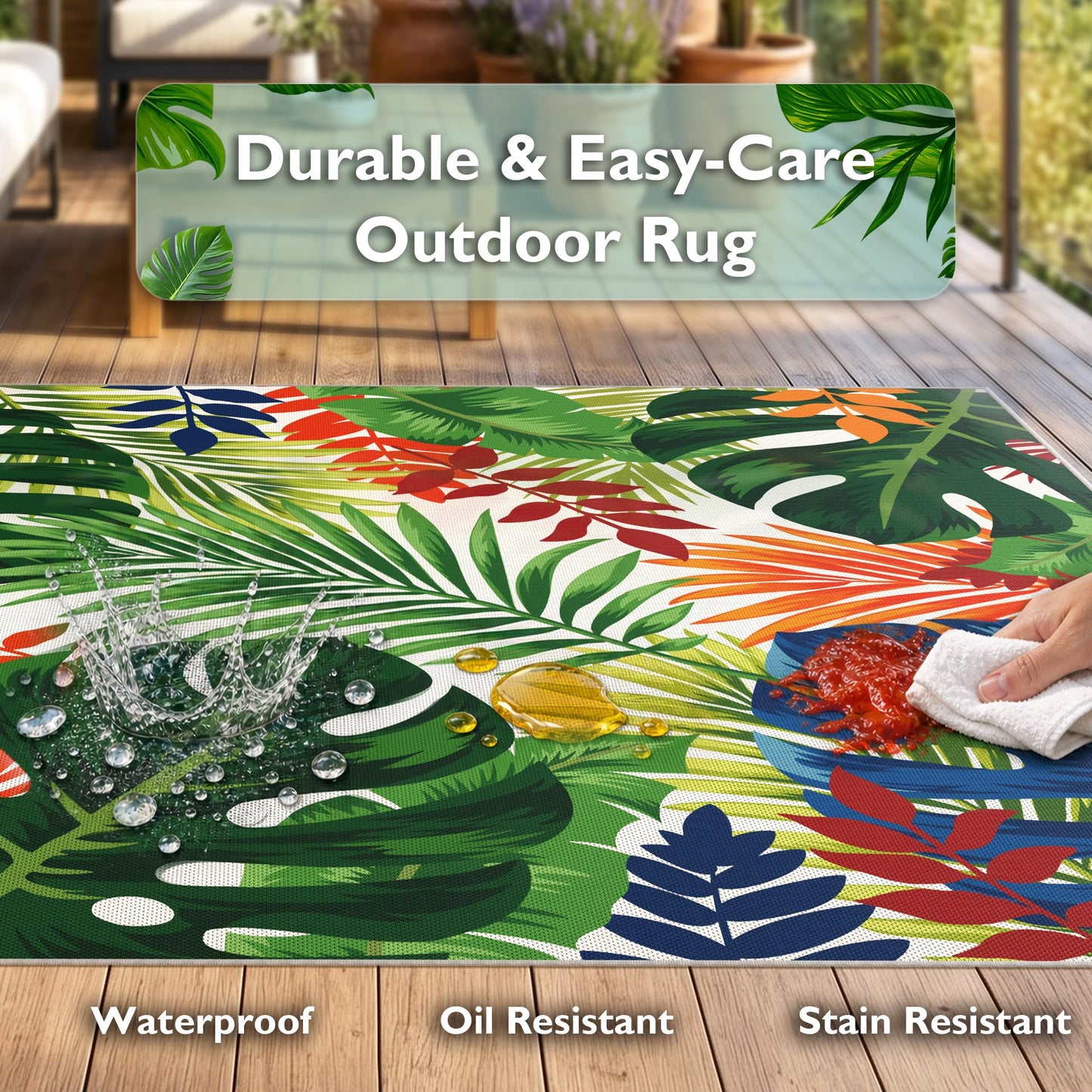 Arenarug 8x10 Monstera Tropical Outdoor Rug – Waterproof Non-Slip Machine Washable Patio Rug, UV & Stain Resistant Outdoor Carpet for Patio Deck Balcony Backyard, Colorful