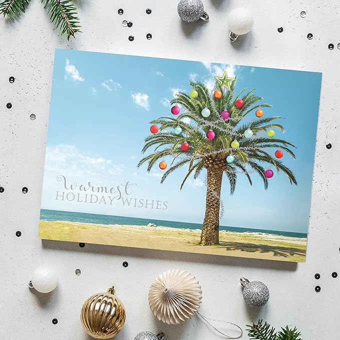 Canopy Street Masterpiece Decorated Palm Cards / 16 Tropical Beach Holiday Card Set With White Envelopes / 5 5/8" x 7 7/8" Warm Weather Coastal Vacation Greeting Cards With Inside Verse