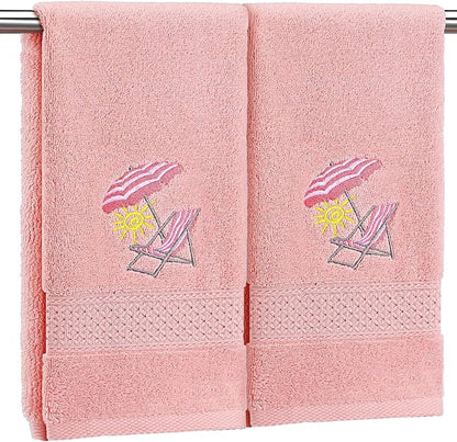 2 Pcs Beach Chair Hand Towels Pink Bathroom Decor 14x29 Inch Embroidered 100%