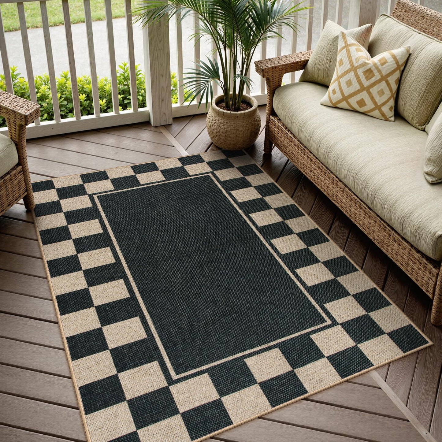 Moynesa Checkered Easy Jute 5x7 Area Rugs for Living Room, Washable Outdoor Patio Rug for Backyard Porches Non Slip, Black Farmhouse Carpet for Dining Room Balcony