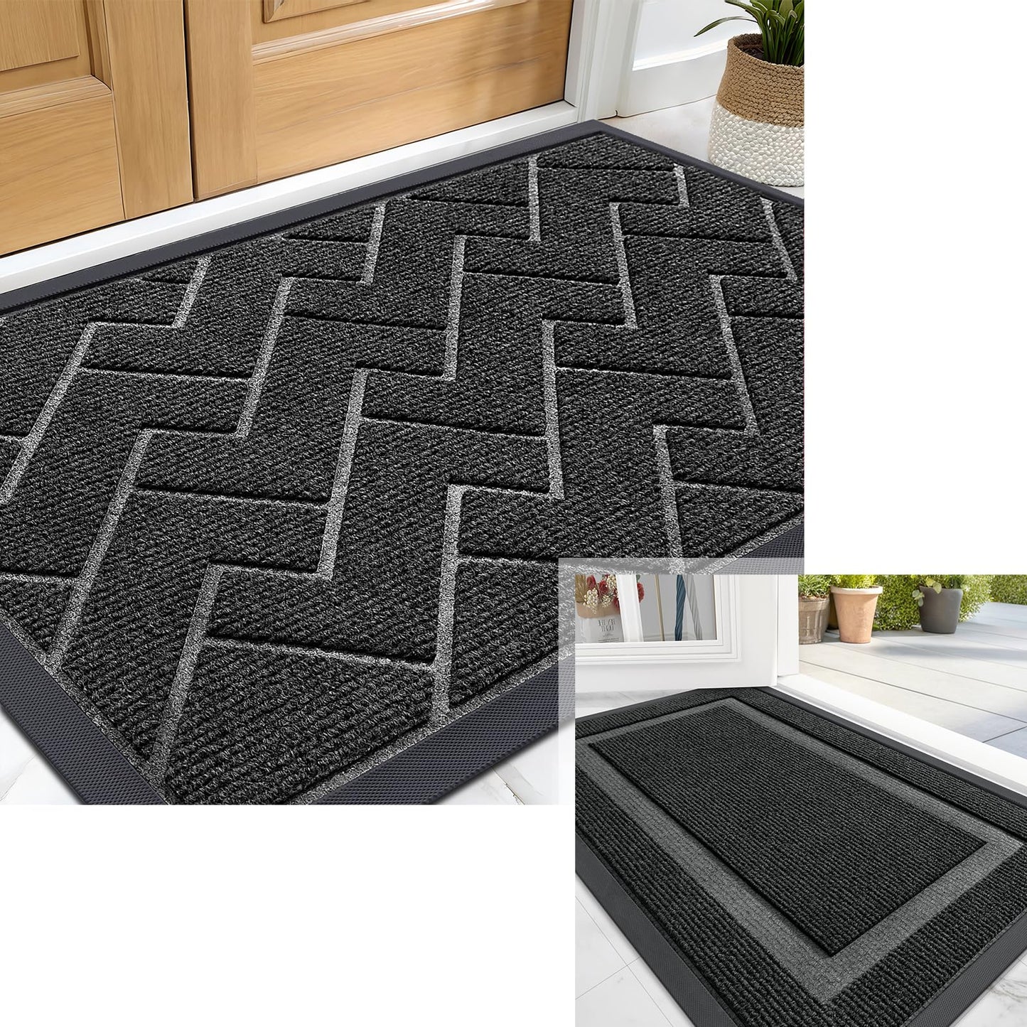 OLANLY Front Door Mat Indoor Outdoor Entrance, Welcome Door Mat and Waterproof All-Weather All-Season Doormat Size 47x32 in Black, 2 Item Bundle