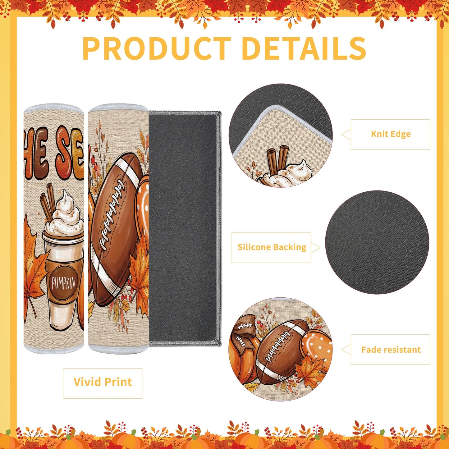 Romart 2 Pcs Fall Kitchen Rugs, Football Kitchen Runner Rug and Door Mat, Fall Kitchen Seasonal Decor for Home Kitchen Dining Room
