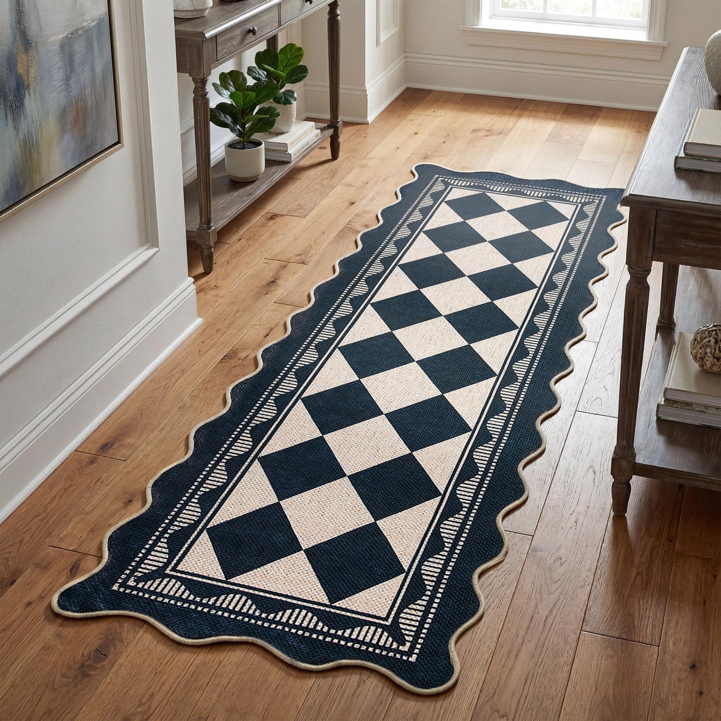 Garvee Easy Jute 2x6 Scalloped Border Kitchen Rugs Non Slip Indoor Outdoor Washable Rugs for Living Room Low Pile Floor Cover for Entryway Stain Resistant Indoor Carpet for Hallway，Black/White