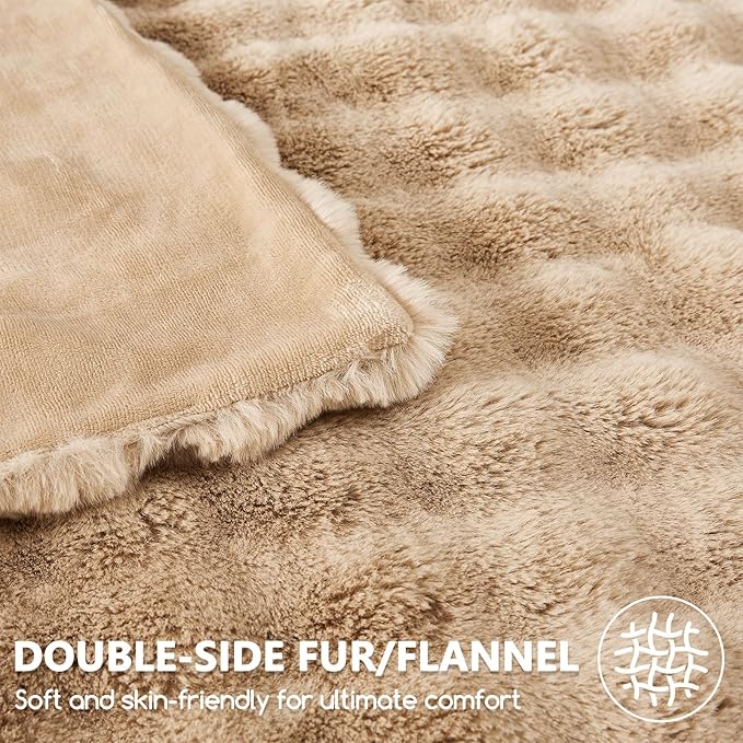 L'AGRATY Faux Rabbit Fur Blanket: 90" x 90" Queen Luxury Soft Fluffy Thick Fur Throw Blanket for Couch Bed - Cozy Plush Bubble Blankets for Winter: Flannel Fleece Decorative Blanket(Milk Tea Brown)