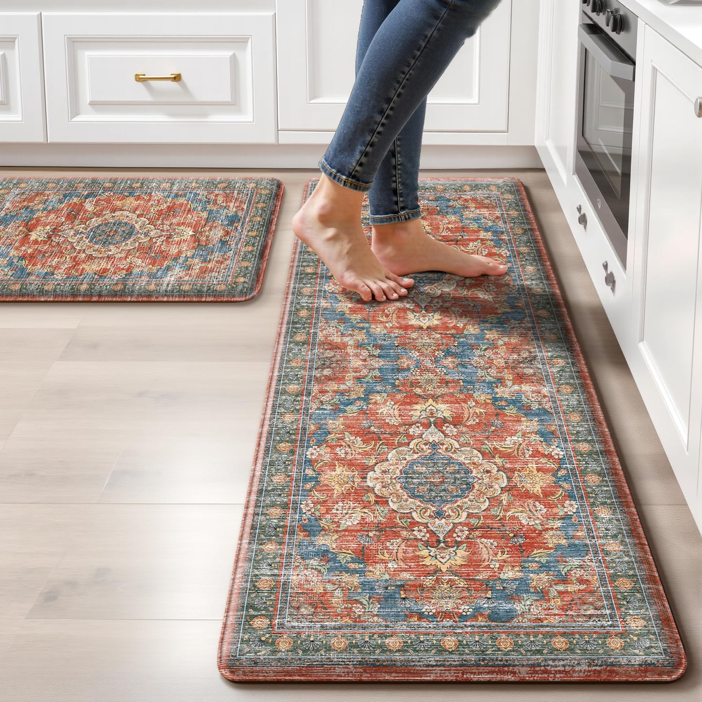 Boho Kitchen Mats for Floor 2 Piece Set Anti Fatigue Cushioned PVC Kitchen Rugs Non Slip Waterproof Farmhouse Mats 2/5 Inch Comfort Standing Mat for Sink, Laundry, 17.3"x47"+17.3"x28", Retro Red