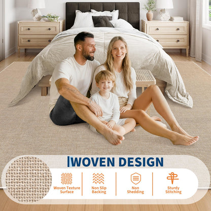 Garvee Modern Solid Washable Rug 8x10 Area Rug for Living Room Woven Textured Ultra-Thin Mat Non Slip Non-Shedding Indoor Floor Cover Foldable Farmhouse Carpet for Bedroom Office Dining Room Tan