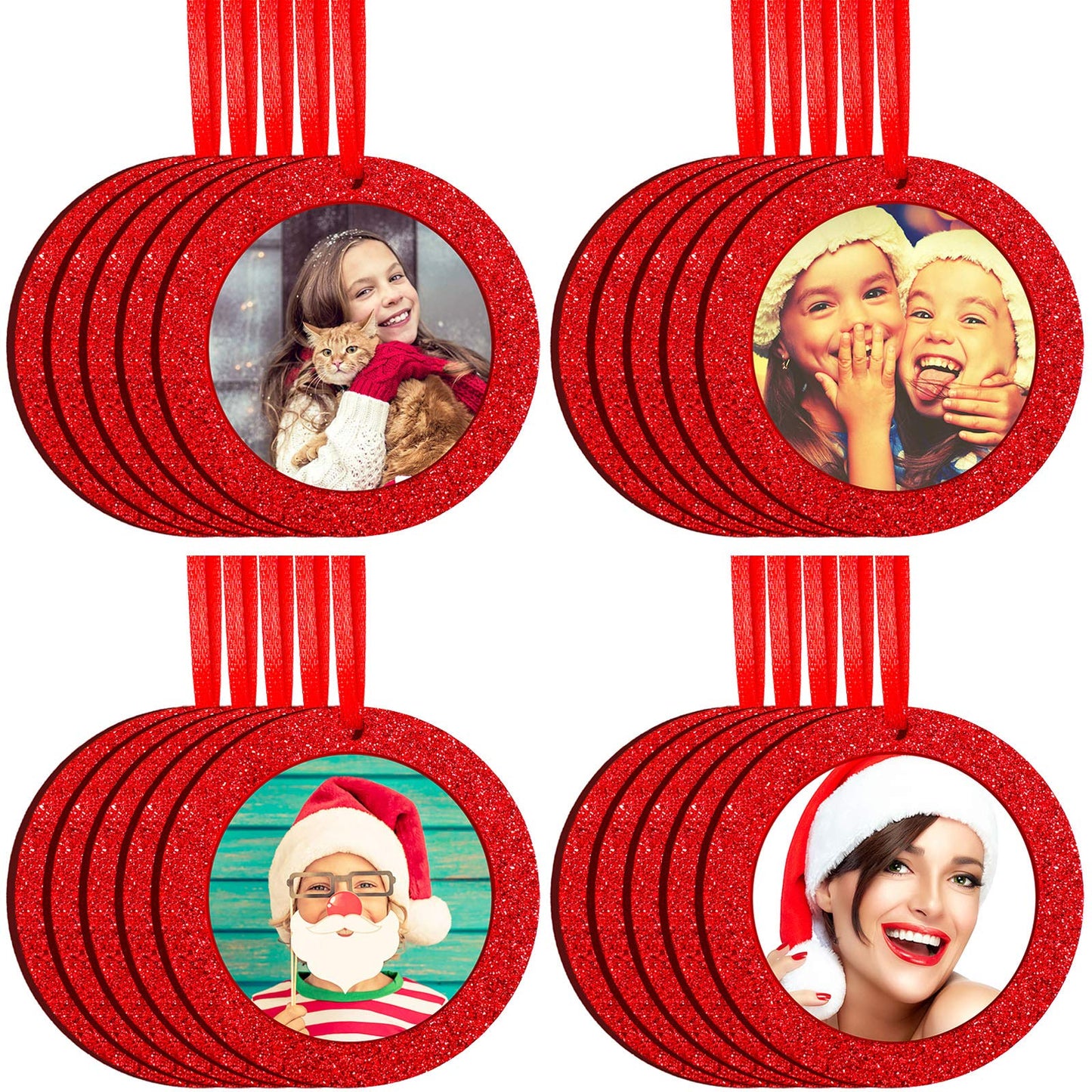 Jetec 20 Pcs Christmas Picture Ornaments Christmas Photo Ornaments Felt Glitter Hanging Round Picture Frame for Xmas Tree Stockings Decorations