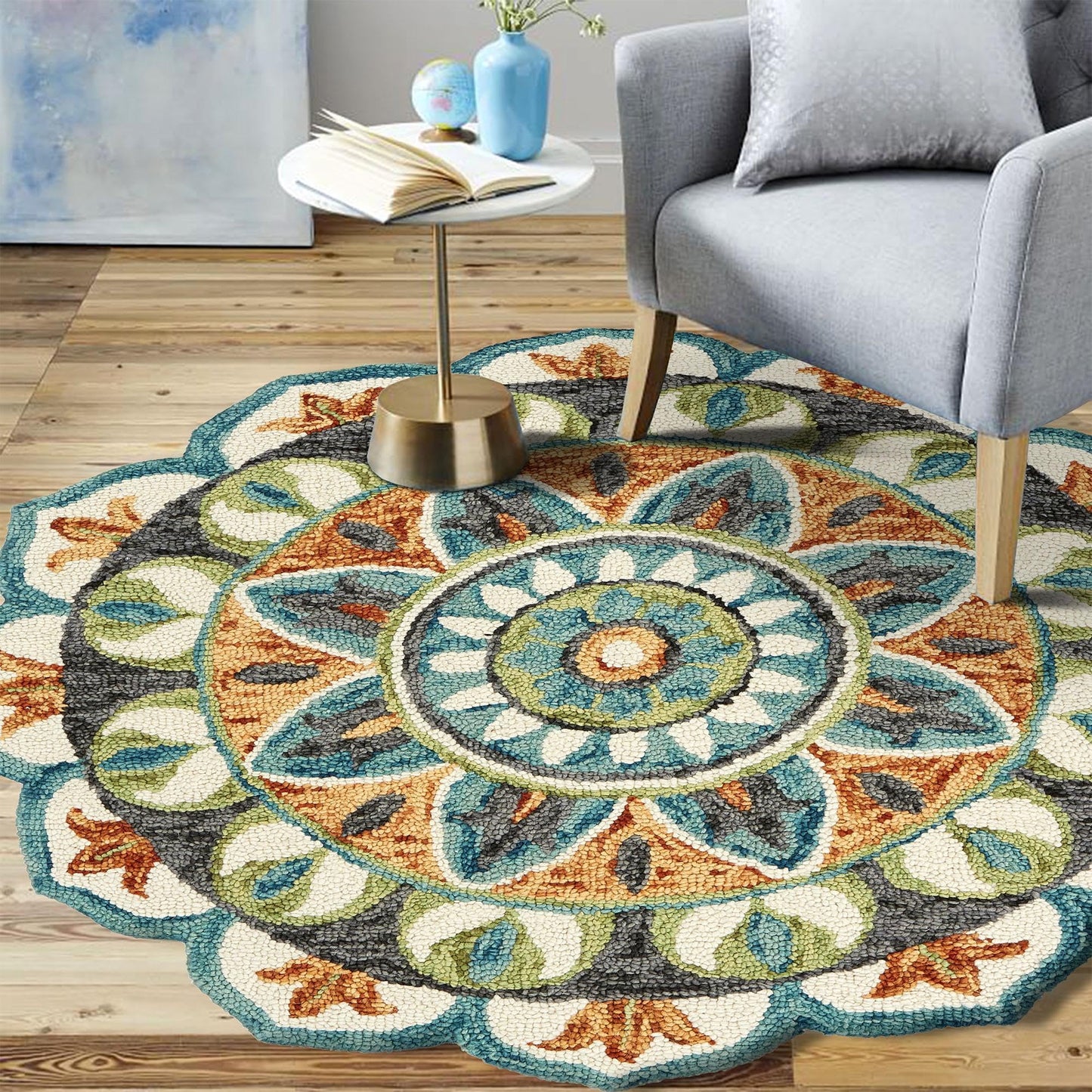 LR Home 6ft Round Indoor Wool Area Rug for Home Decor | Rugs for Living Room, Bedroom, Playroom, Entryway, Office | Hand Woven Modern Farmhouse Large Boho Area Rug for Room Decor | Rust/Teal
