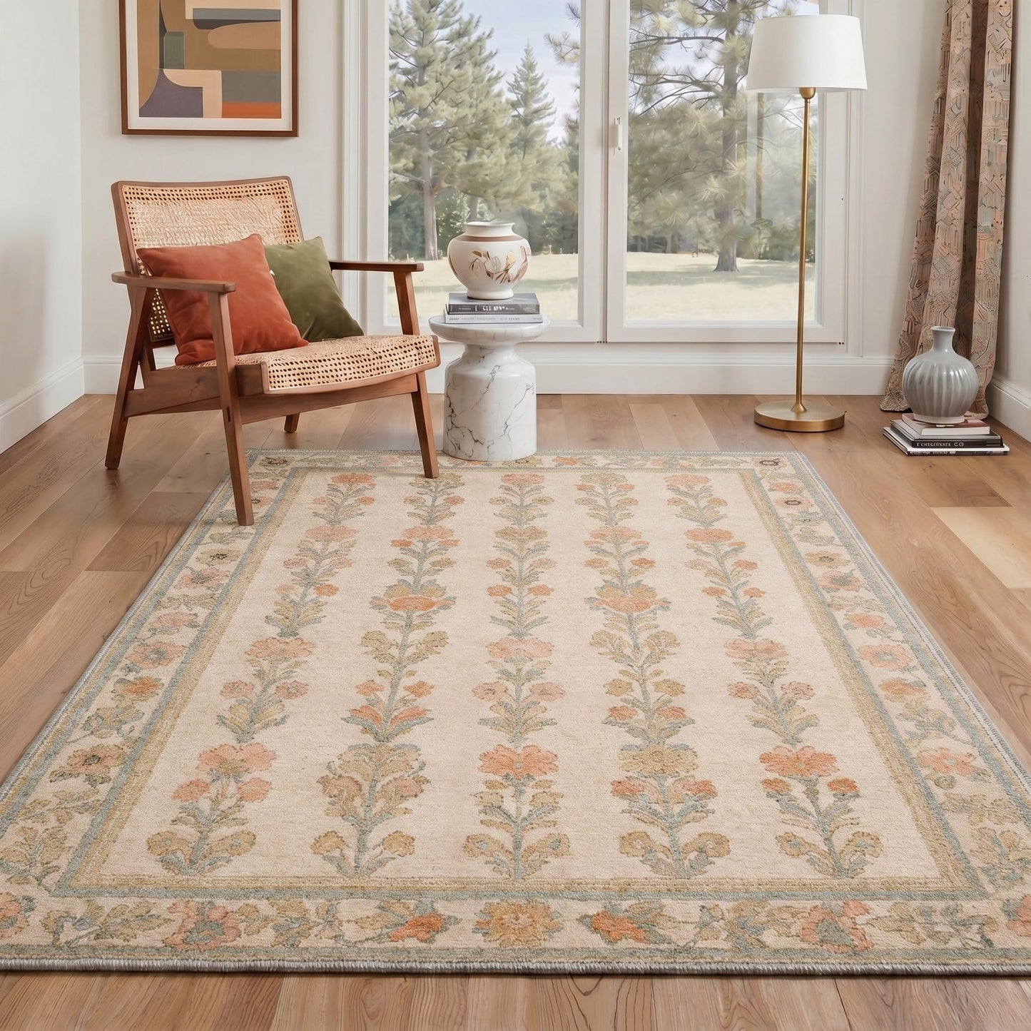 Bavni 8X10 Area Rugs for Living Room Machine Washable, Non Slip Low Pile Soft Modern Botanical Rugs, Floral Vines Carpet for Bedroom Dining Room, Home Office, Warm Beige