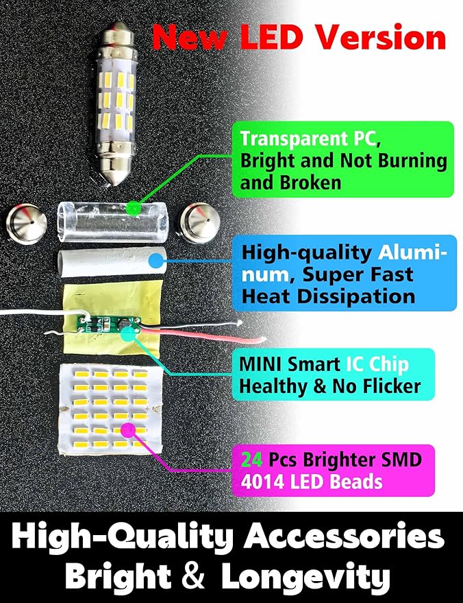 DC12V-24V 212-2 Led Bulb, 6000k White 578 211-2 41mm 42mm 1.65in Festoon LED Dome Light Bulbs, 300LM Super Bright 578 LED Blub for Car Truck Interior Dome Map Door License Plate Courtesy Lights 2pack