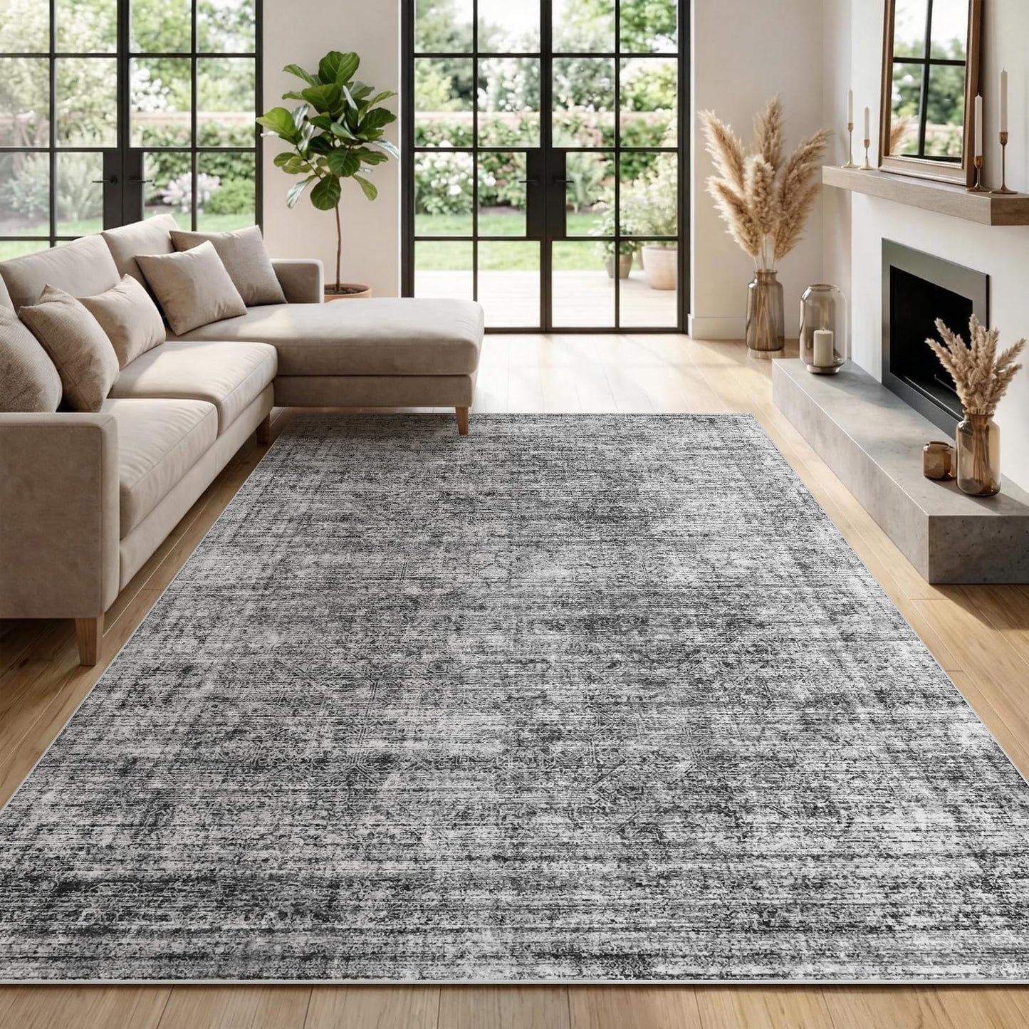 Area Rug 8x10 Washable Rug, Large Soft Rugs for Living Room Vintage Distressed Cashmere Non-Slip Stain Resistant Carpet for Bedroom Dining Room Home Office Gray