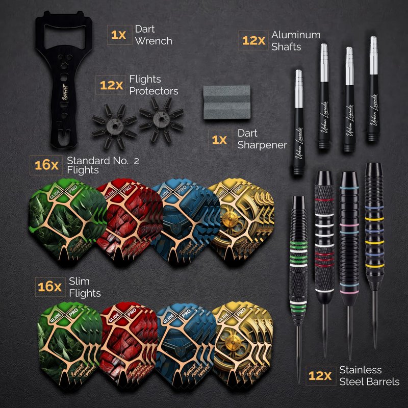 IgnatGames Steel Tip Darts, 12 Pack Urban Legends with Multi-Zone Grips, TwinForce 1.4" Aluminum Shafts, 32 GlideXPro Flights, Magnetic Gift Box