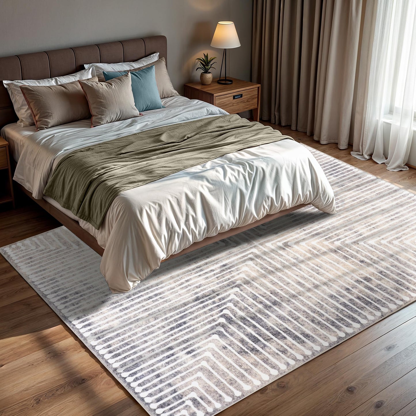 GLN Rugs Contemporary - Ephesus - Machine Washable Area Rug, Modern Washable, Non Slip, Low Pile Area Rug, Entryway, Hallway, Kitchen Rug - Easy Clean (3' x 5' Lines Cream)