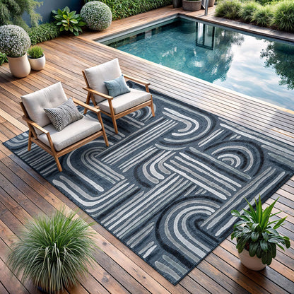 CAMILSON Indoor Outdoor Rug, Navy Blue 8x10 Geometric Arch Striped Area Rugs for Patio and Home Areas, Easy-Cleaning Non-Shedding Living Room, Garden and Deck Washable Outside Carpet (8 x 10)