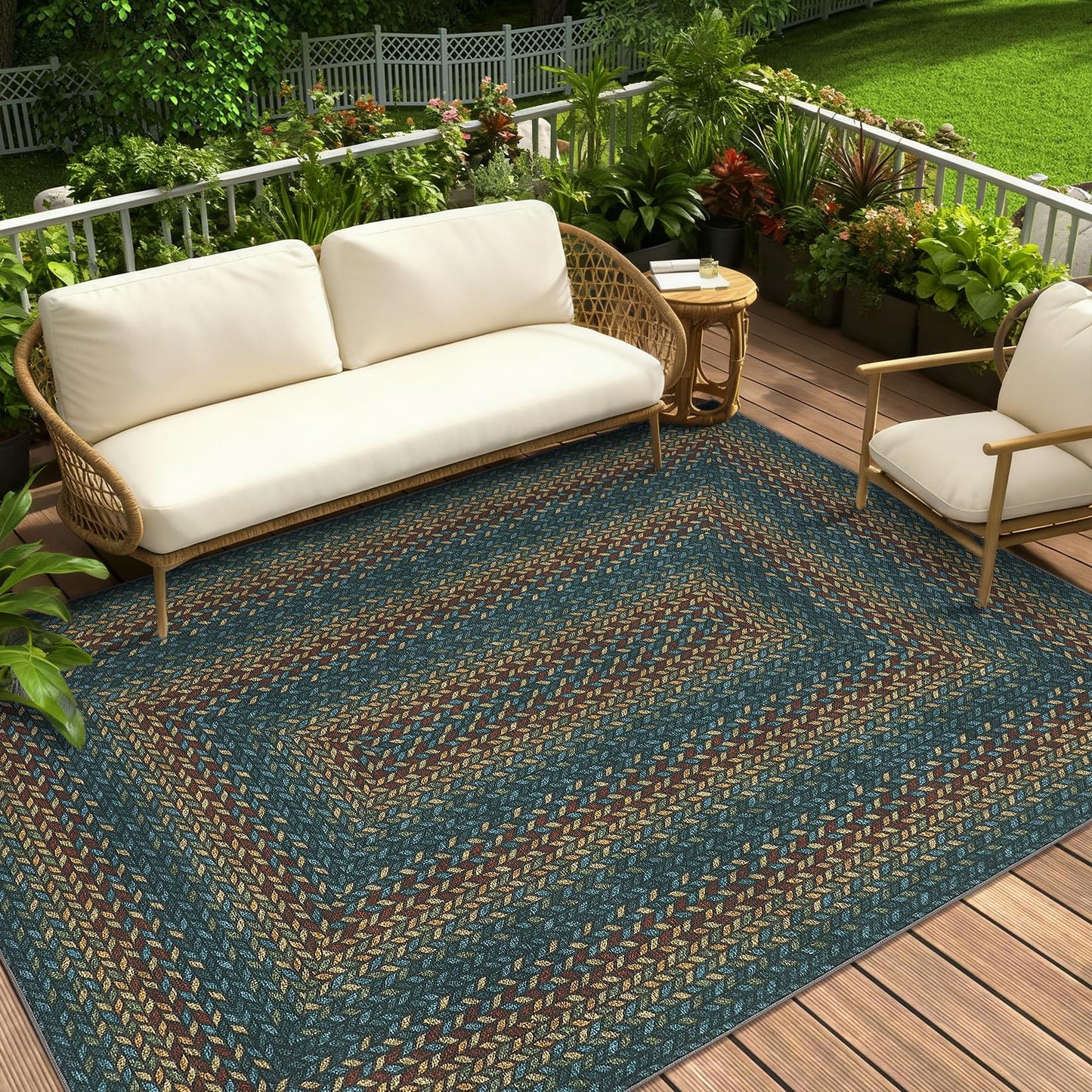 Braided 5x7 Rugs for Living Room Washable Easy Jute Outdoor Patio Rug Non Slip Stain Resistant Modern Bordered Bedroom Throw Carpet Indoor Outdoor Low Pile Area Rugs for Porch Kitchen, Navy/Rust
