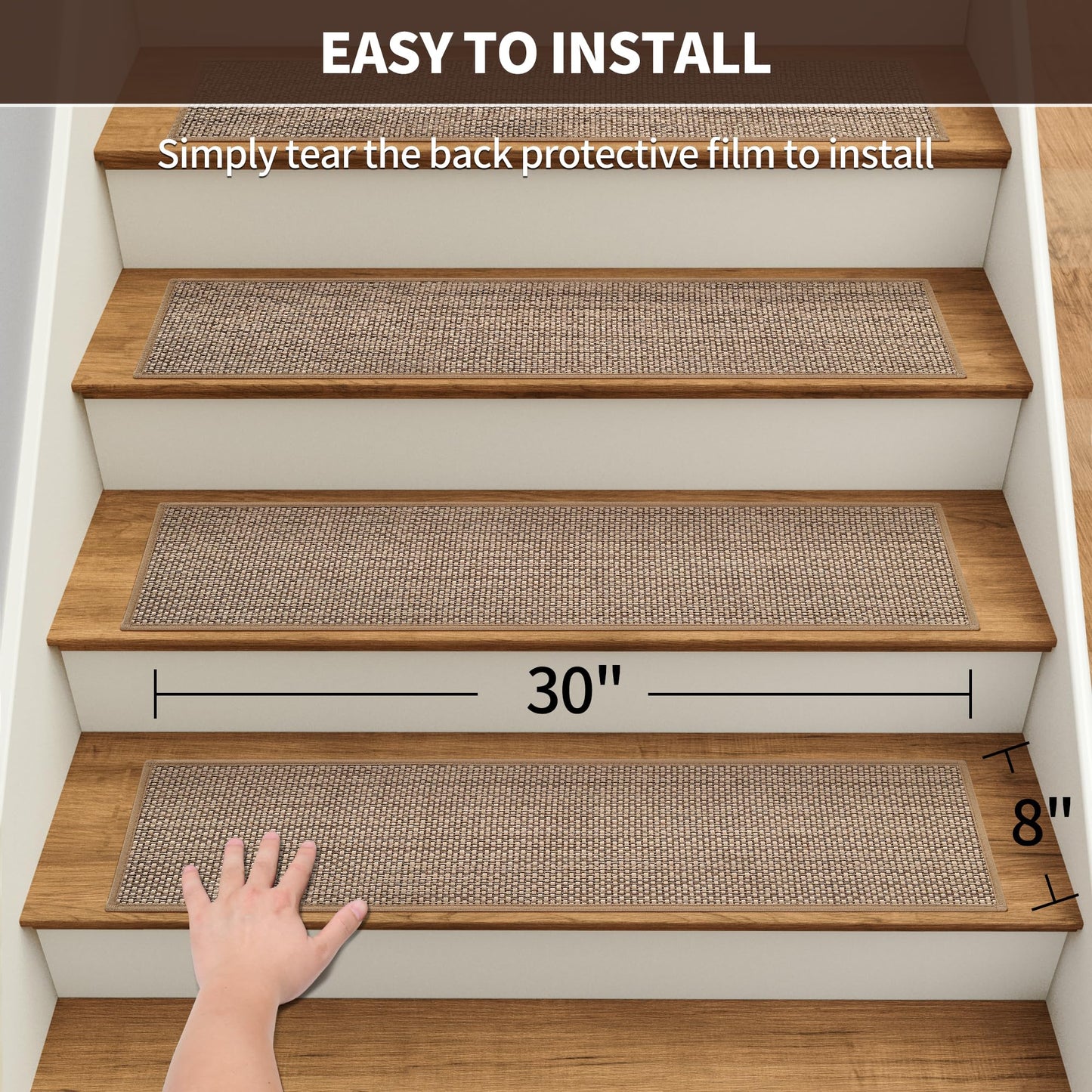 GROWLING Linen Stair Treads for Wooden Steps Indoor 30x8 inch, 15pcs Upgraded Self Adhesive Backing Non Slip Stair Carpets, Peel and Stick Stair Runner Rugs, Reusable Staircase Step Treads(Beige)