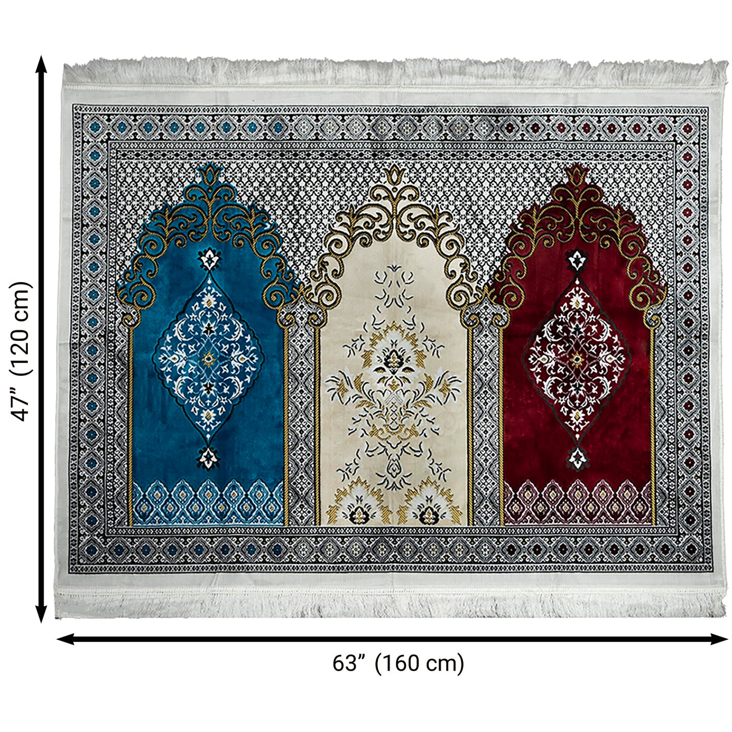 Modefa Turkish Islamic Prayer Rug - Wide Plush Velvet Mat - Multi Person Muslim Janamaz for Family - Large Gathering & Group Sajada Carpet - Floral Arch - 3 Person (17-11)