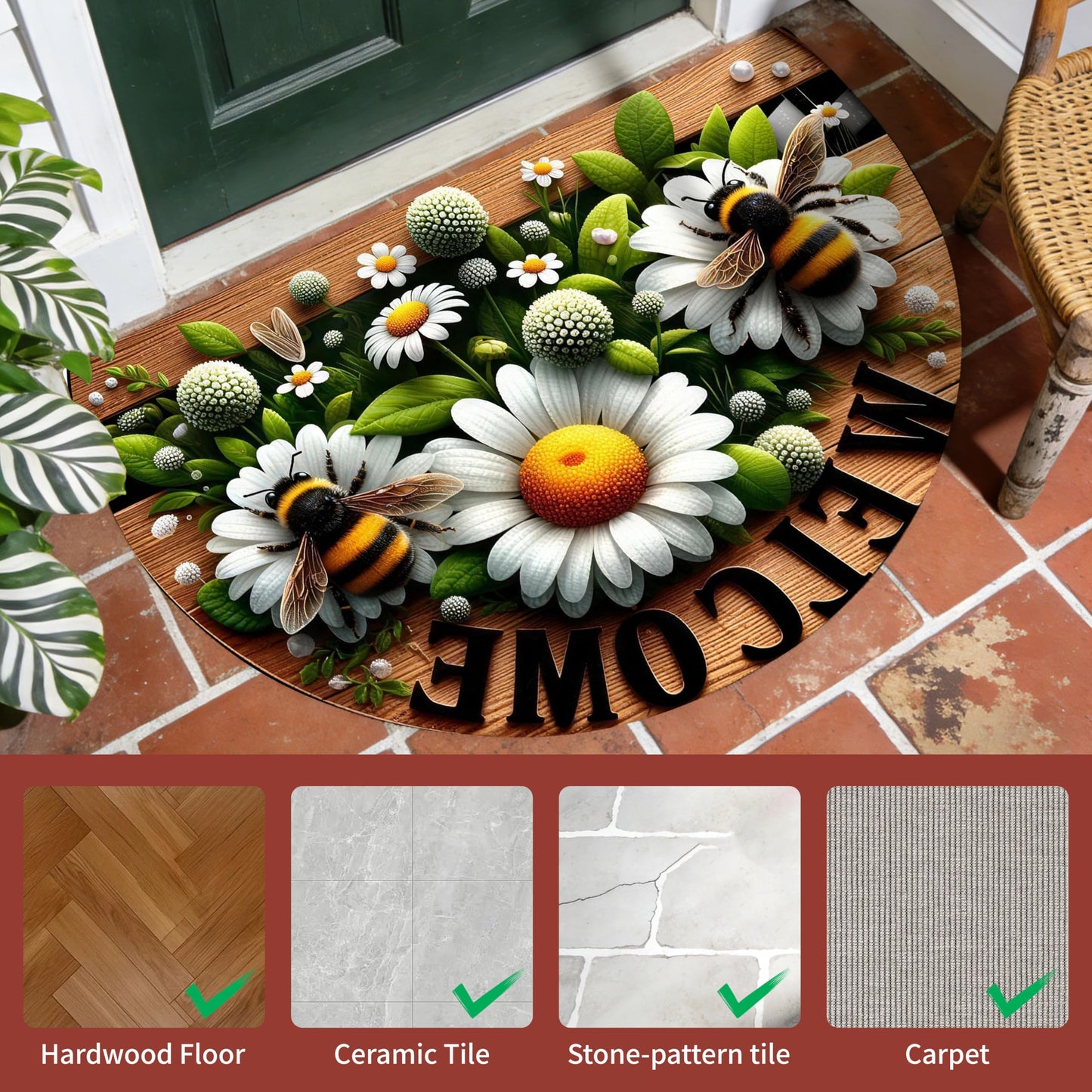WOYUO Half Circle Door Mat 20"x31.5" Non-Slip Washable Welcome Mat, Low Profile Front Door Mat Semicircular Entrance Doormat, Dirt Trapper Floor Mat (Bees and Flowers, 24"x 36" Large Half Round)