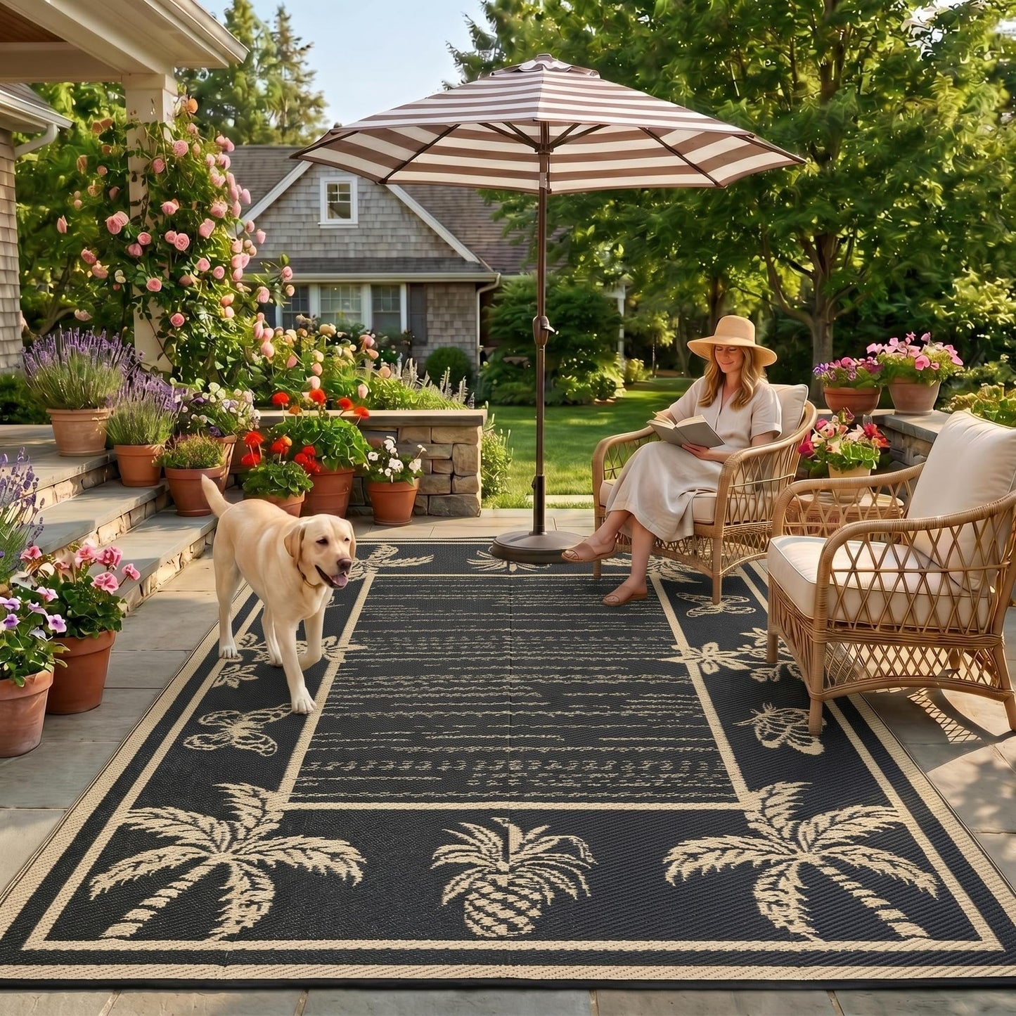 Garvee Outdoor Rug 5x8 Waterproof for Patios, Reversible Plastic Straw Rug, Tropical Leaf Indoor Outdoor Rugs, Large Area Rug for RV, Camping, Deck, Picnic Mat, Outside Carpet, Black & Brown