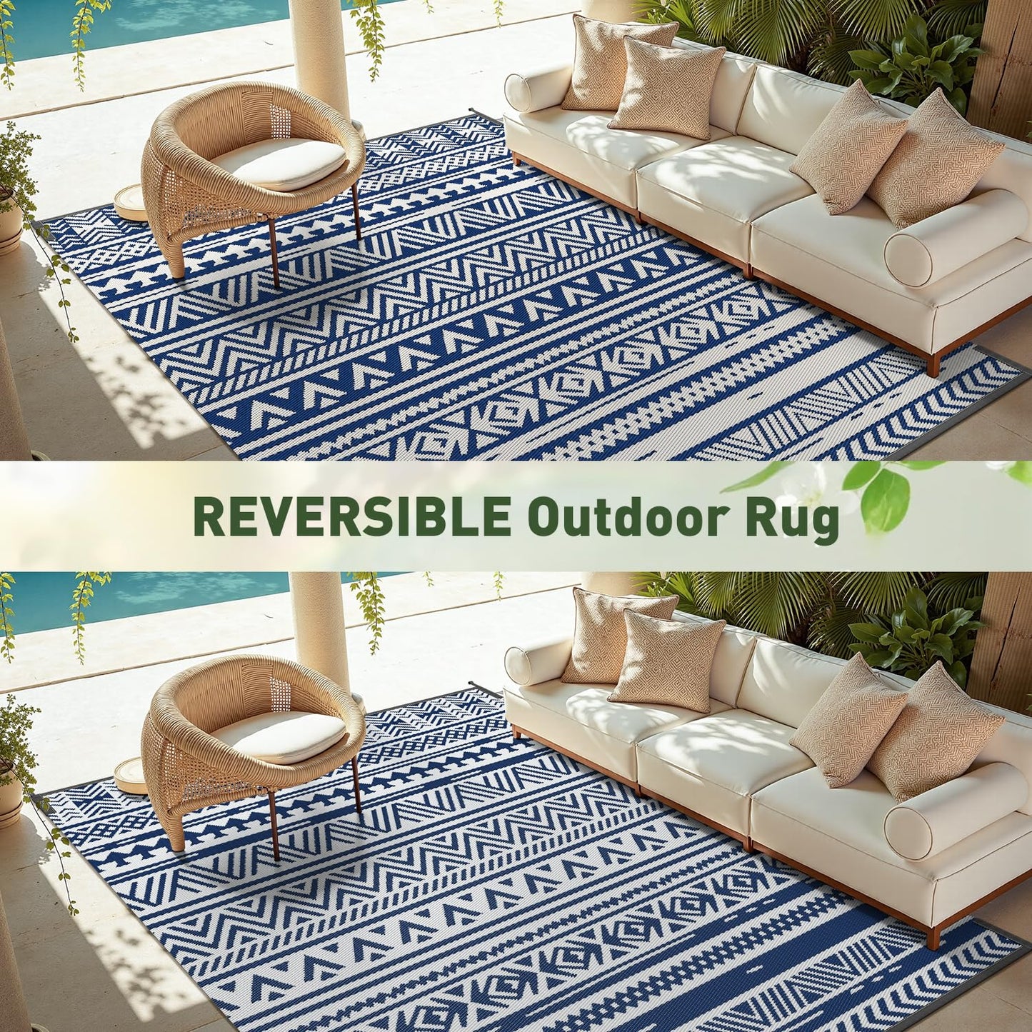 MontVoo Outdoor Rug 8x10 Waterproof Outdoor Patio Rug Mat Reverisble Plastic Straw Outdoor Rug for RV Camping Picnic Beach Balcony Boho Navy Blue