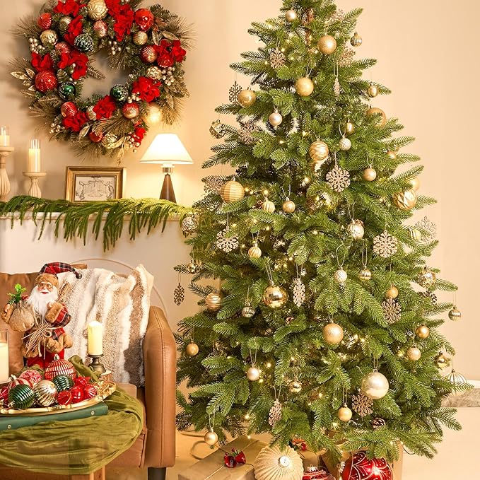 JORNOY Christmas Tree Ornaments Set, 47 Pack Assorted Shatterproof Hanging Balls Decorations, Plastic Bulbs Bulk with Lanyard for Home Holiday Party Decor, 3-Sizes (Gold)